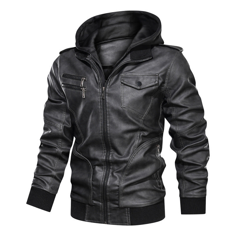 Herren Lederoptik Kapuzenjacke im Bikerstil mit Reißverschlusstaschen und Rippbündchen Drune