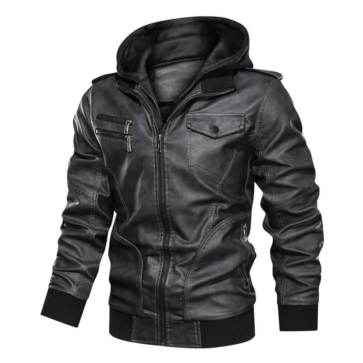 Herren Lederoptik Kapuzenjacke im Bikerstil mit Reißverschlusstaschen und Rippbündchen Drune