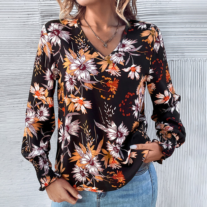 Damen Bluse mit floralem Muster und elastischen Rüschendetails Drune
