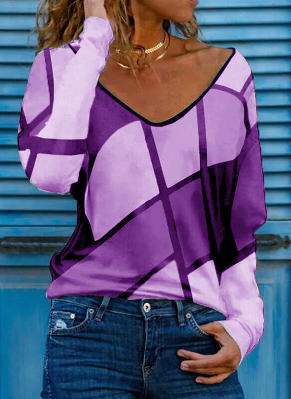 Damen Loose V-Ausschnitt Langarmshirt mit geometrischem Blockdruck und Oversized Passform Drune