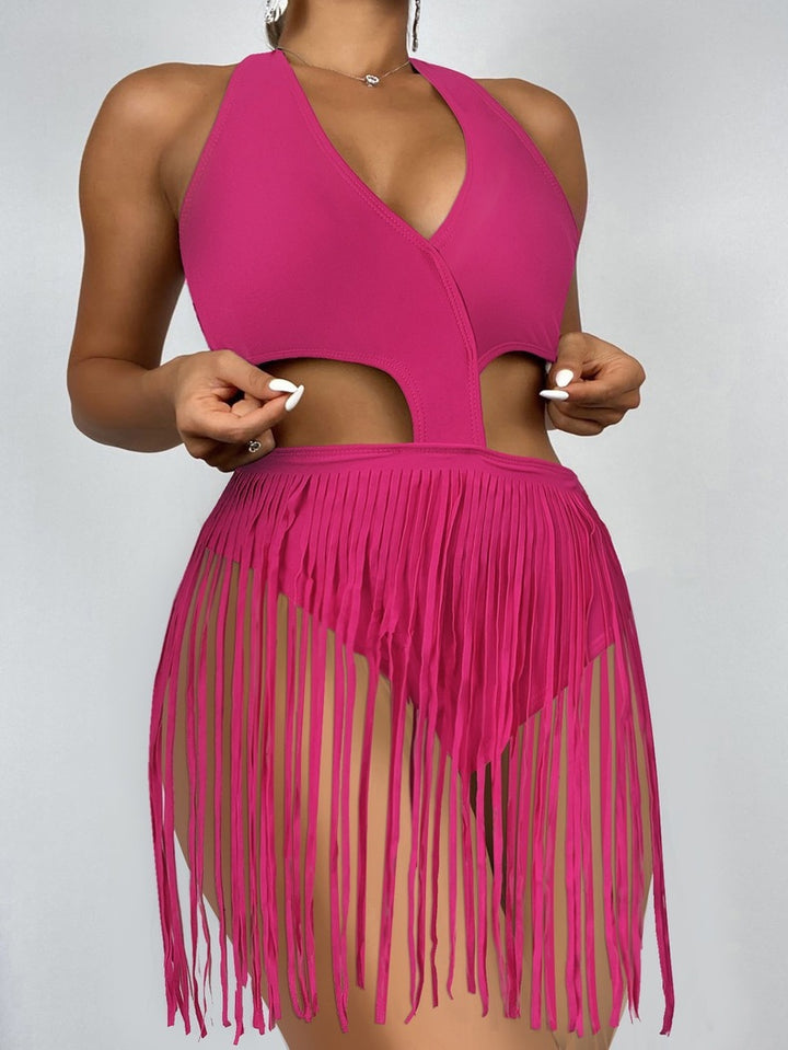 Damen Einteiliger Badeanzug mit modischem Cut-Out und Fransen Drune