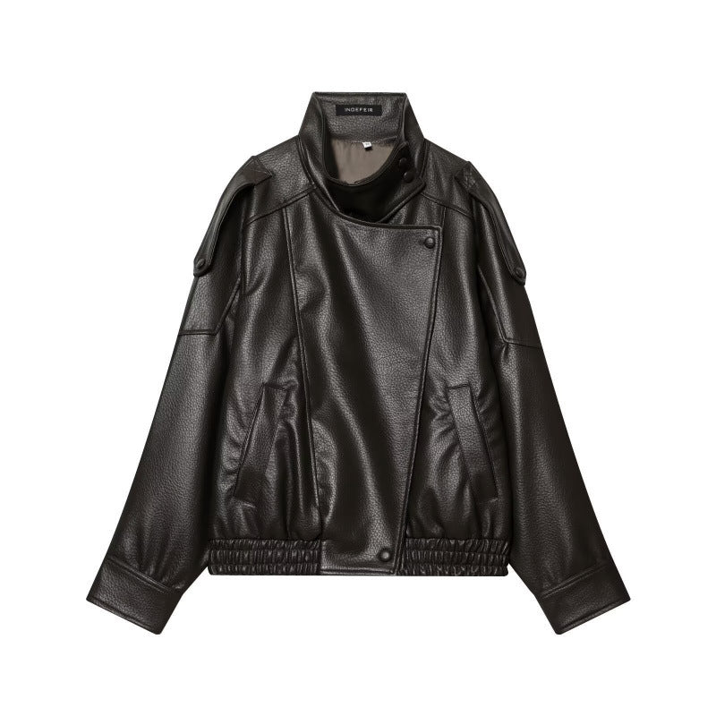 Damen Cropped Kunstleder‑Bomber mit asymmetrischer Druckknopfblende und Funnelkragen Drune
