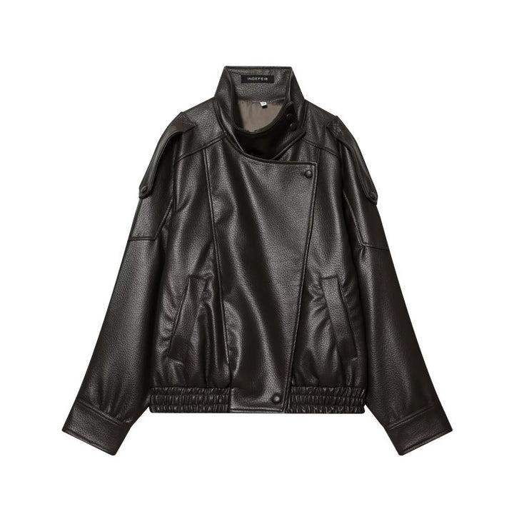 Damen Cropped Kunstleder‑Bomber mit asymmetrischer Druckknopfblende und Funnelkragen Drune