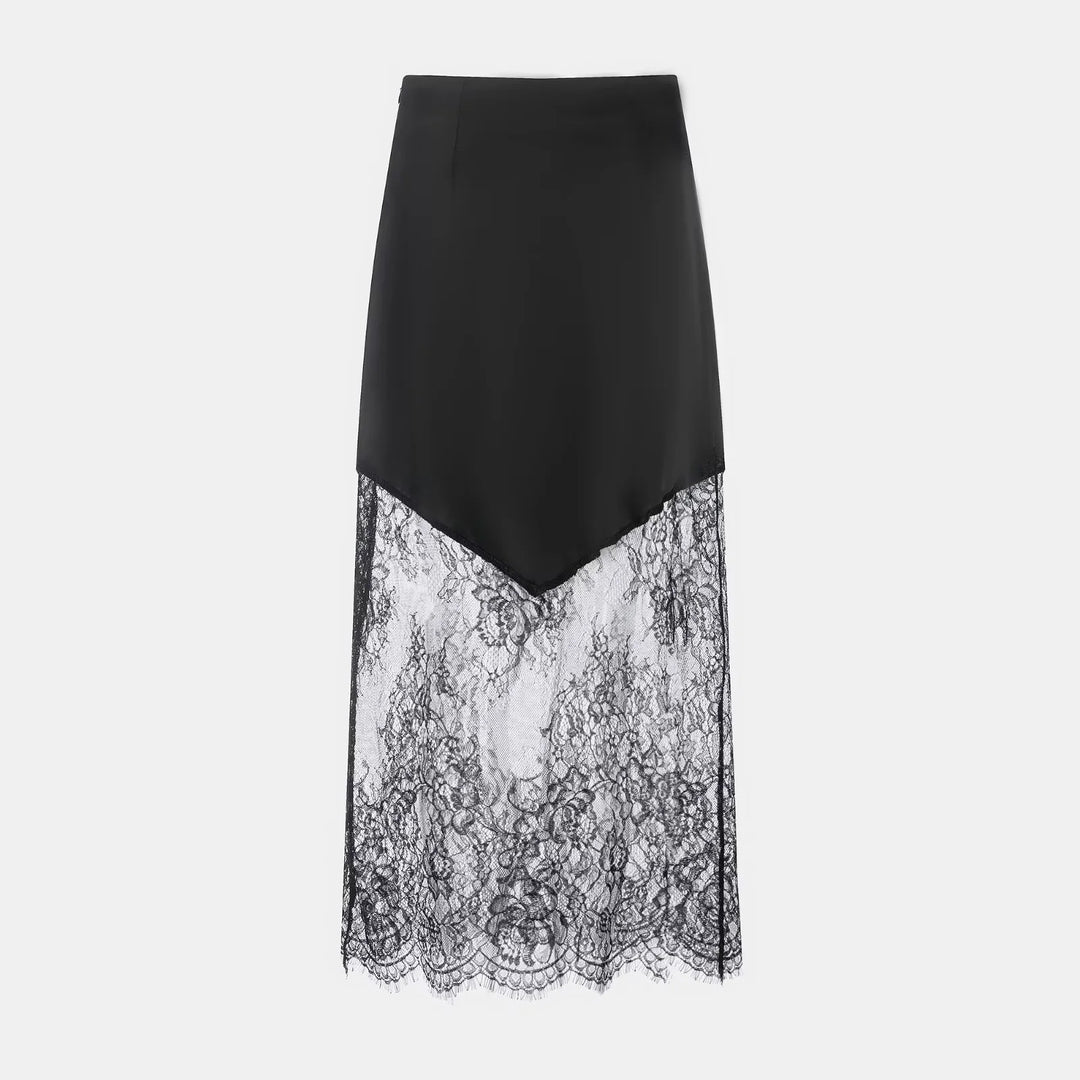 Damen nan Satinrock mit Spitzen-Overlay und asymmetrischem Zipfelsaum Drune
