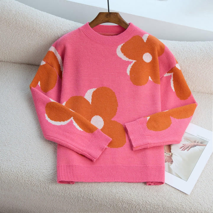 Damen Grobstrickpullover mit lebhaftem Blumenmuster und Rundhalsausschnitt Drune
