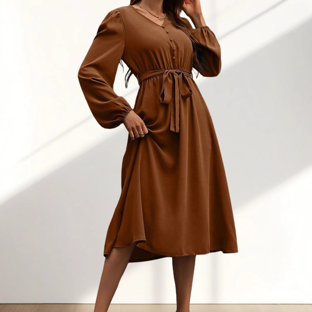 Damen Midikleid mit Taillengürtel und Knopfdetails Drune