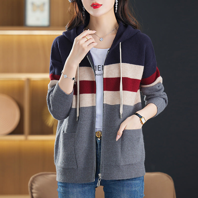 Damen Sportliche Kapuzenjacke mit Streifen Drune