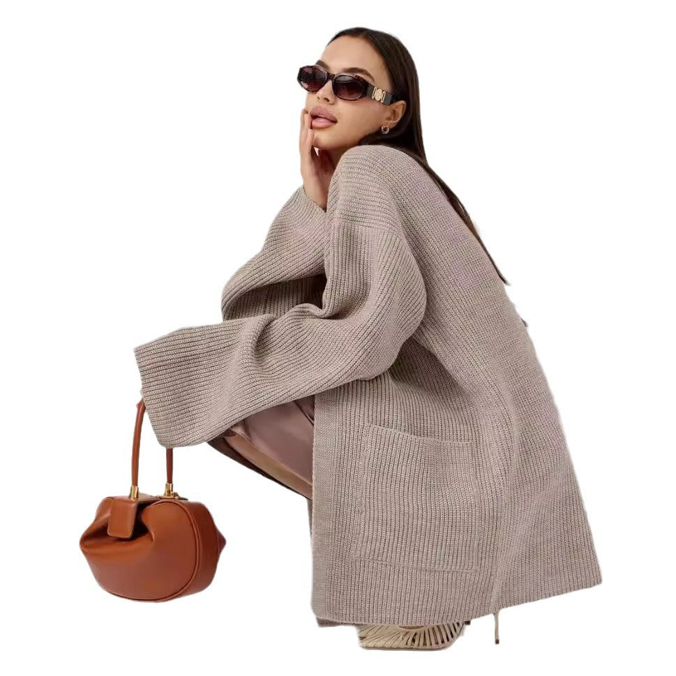 Damen kuscheliger langer Strickcardigan mit weiten Ärmeln und praktischen Taschen Drune