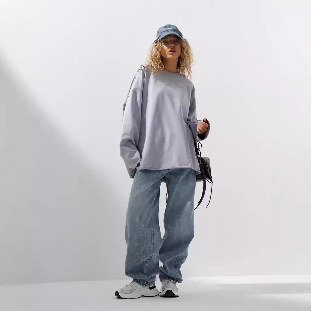 Damen weites Sweatshirt mit Rundhalsausschnitt und verlängertem Oversize-Schnitt Drune