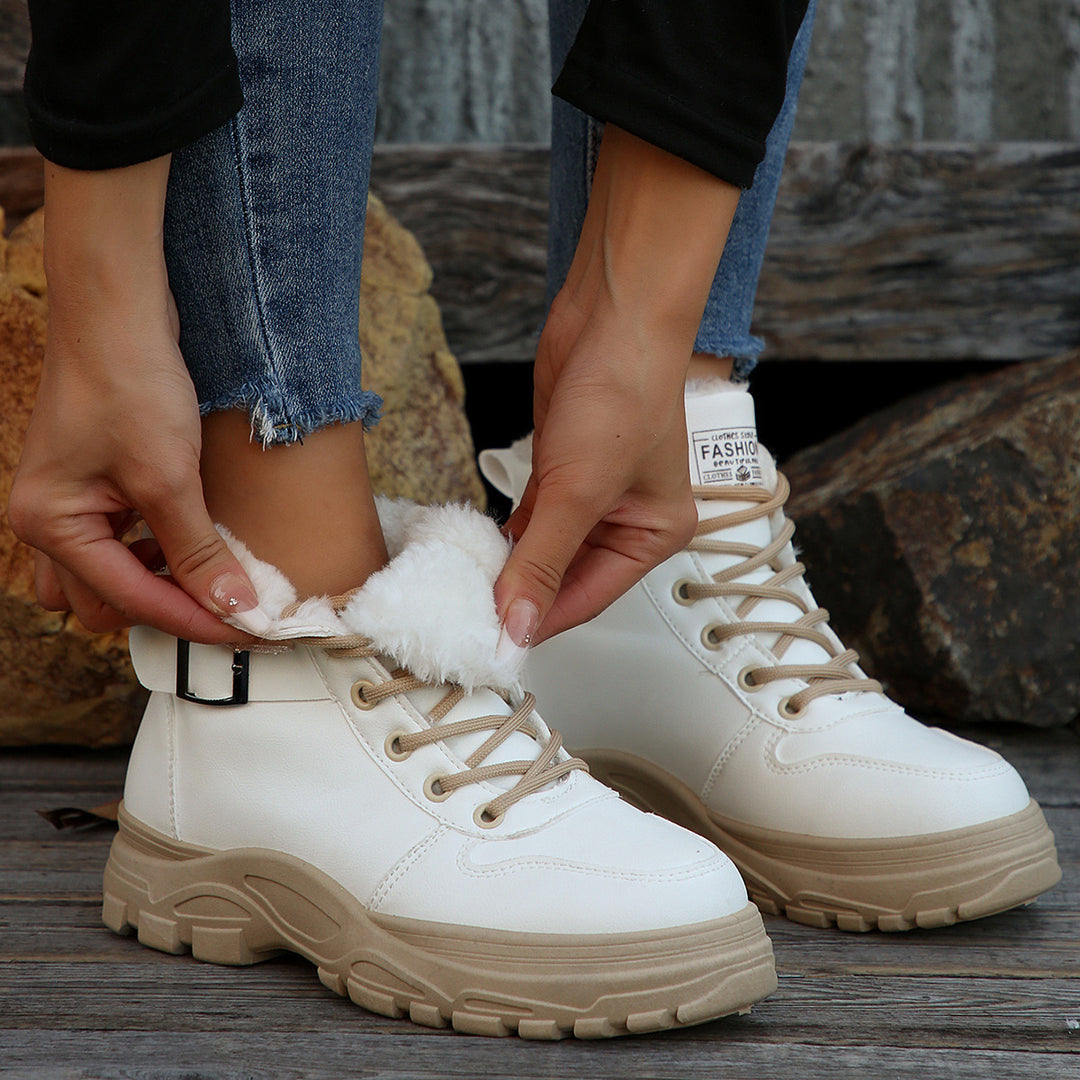 Damen nan gefütterte Plateau-Sneaker-Stiefelette mit Kunstfellkragen und profilierter Outdoor-Sohle Drune