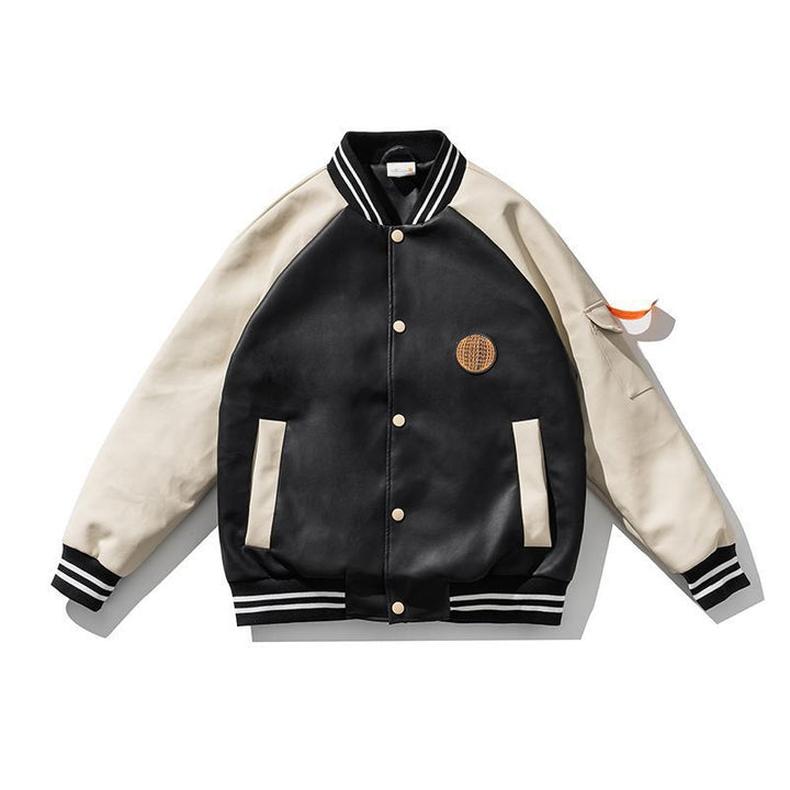 Herren College-Bomberjacke im Varsity-Stil aus Kunstleder mit Kontrastärmeln und Rippbündchen Drune