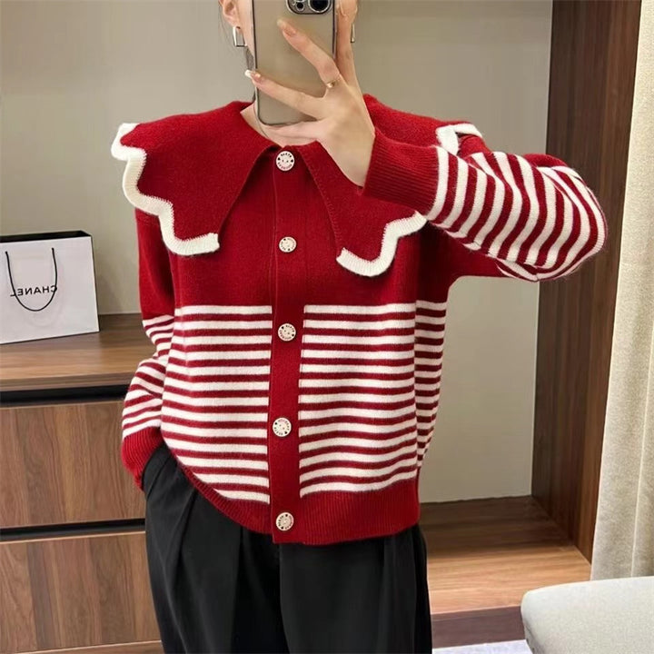 Damen Strickjacke mit großem Rüschenkragen und kontrastierenden Streifen Drune