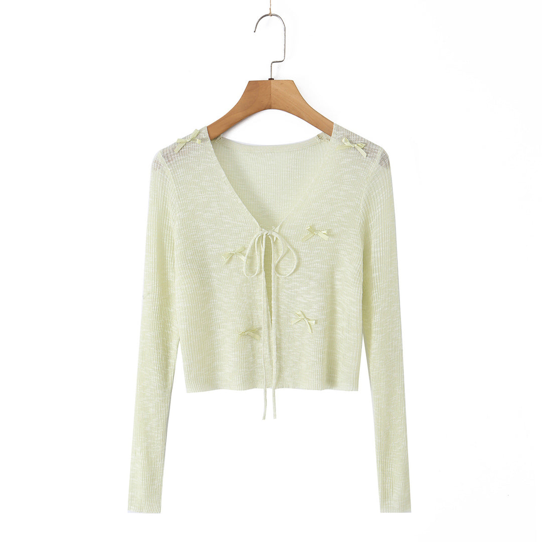 Damen Cropped-Feinstrick-Cardigan mit V-Ausschnitt, Bindeband und Zierschleifen Drune