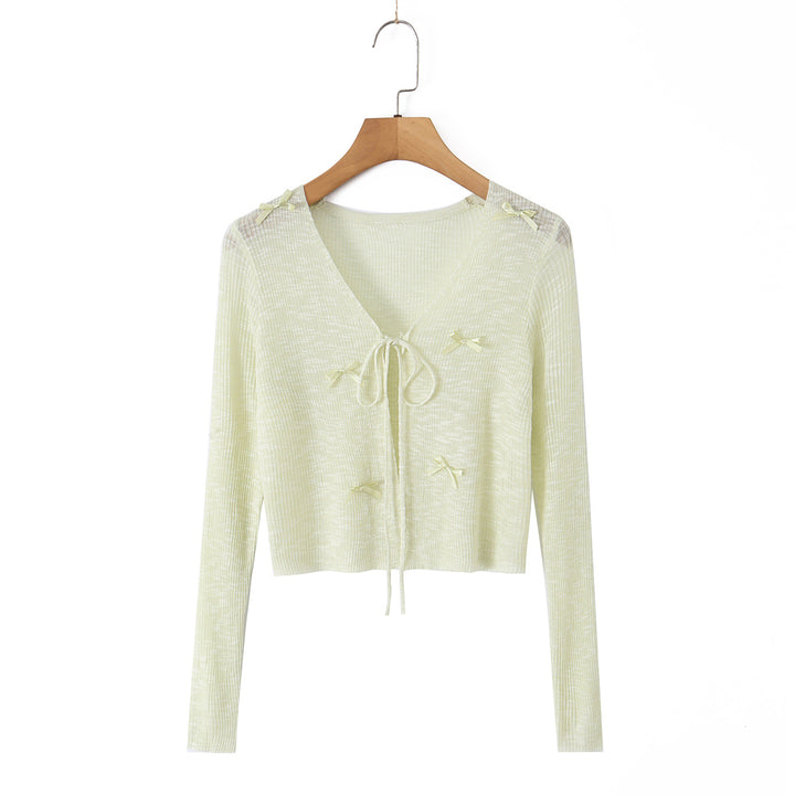 Damen Cropped-Feinstrick-Cardigan mit V-Ausschnitt, Bindeband und Zierschleifen Drune