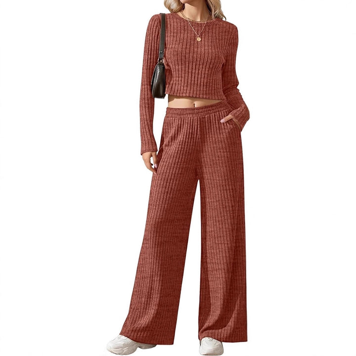 Damen Geripptes Feinstrick-Lounge-Set mit Cropped Langarmtop und High-Waist Palazzohose Drune