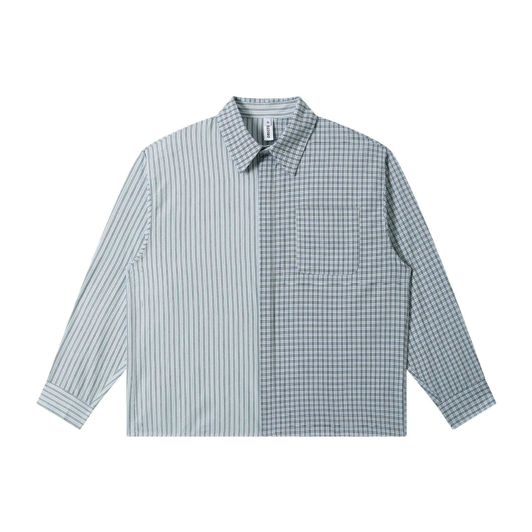 Unisex Oversize-Hemd mit geteiltem Streifen- und Karo-Design Drune