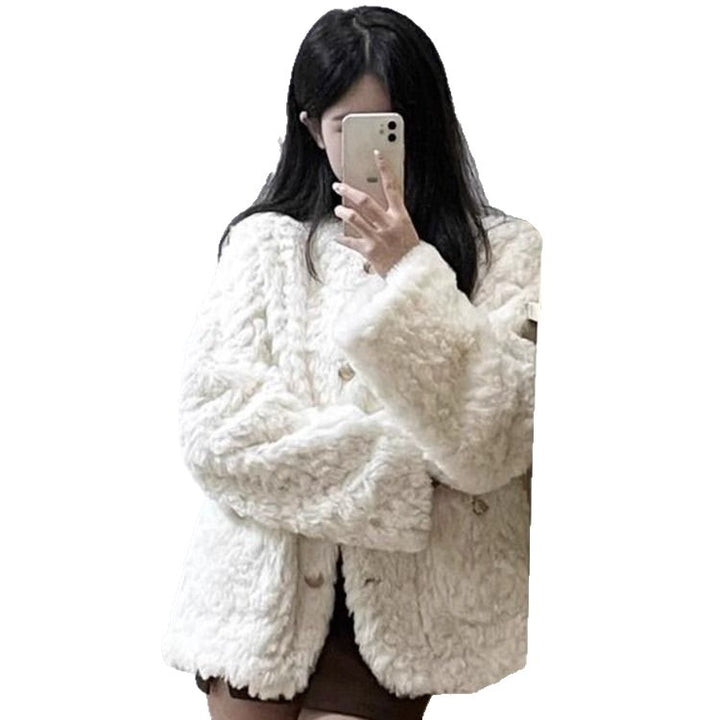 Damen modische Strickjacke mit weichem Plüsch und dekorativen Knöpfen Drune