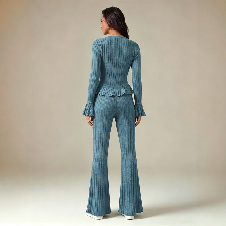 Damen feinstrukturiertes Rippstrick-Set mit tailliertem Knopfcardigan, Volant-Taillenpassform und ausgestellter Schlaghose Drune