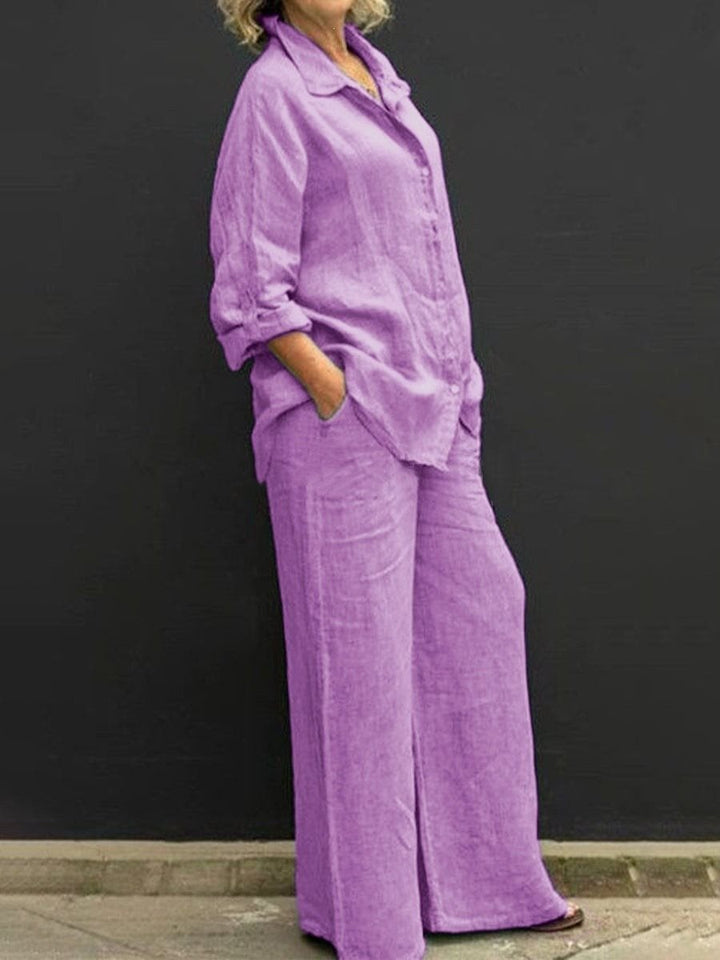 Damen Leichtes Leinen-Loungewear-Set mit Oversized-Hemd und weiter Palazzo-Hose Drune