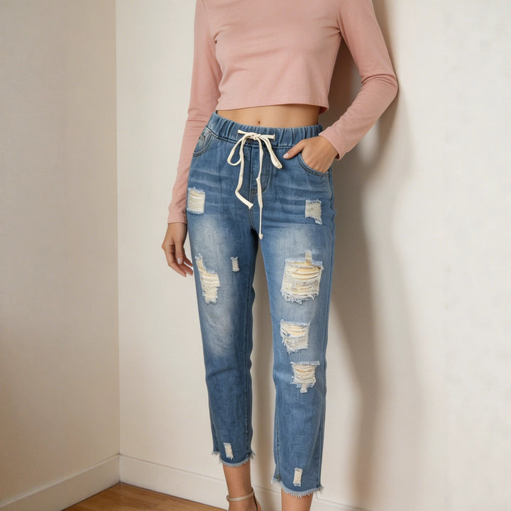 Damen nan lockere Destroyed-Denim Jogger mit elastischem Kordelbund und ausgefranstem Knöchelabschluss Drune