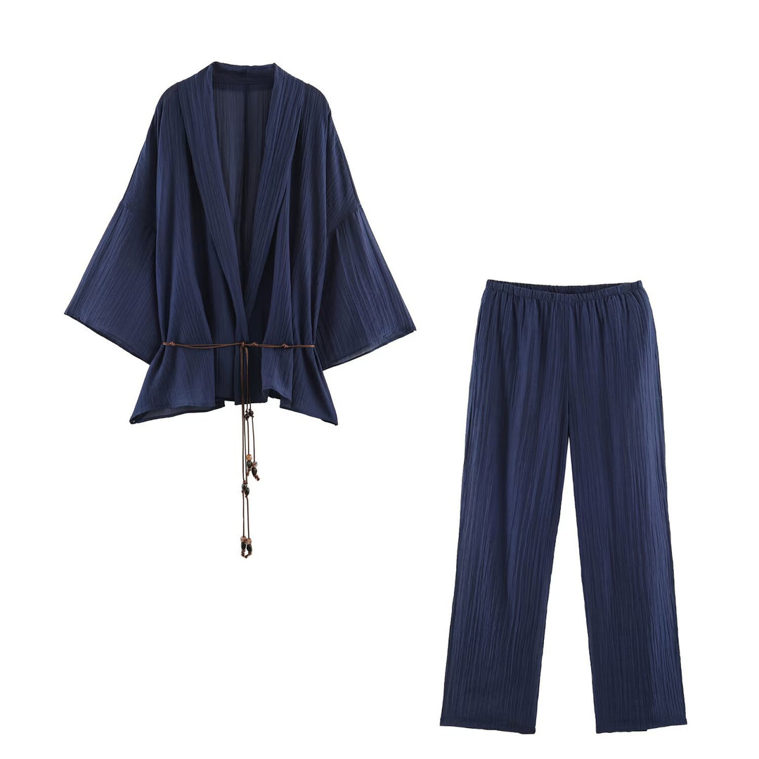 Damen Plissierter Oversize-Kimono mit Hüftkordel und Trompetenärmeln Drune