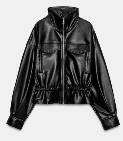 Damen Glänzende Cropped‑Kunstlederjacke im Blousonstil mit Stehkragen und Tunnelzugbund Drune