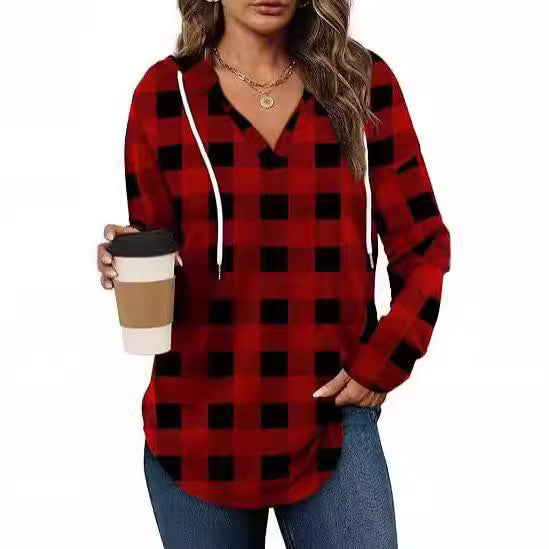 Damen lässige Karobluse mit Kapuze Drune