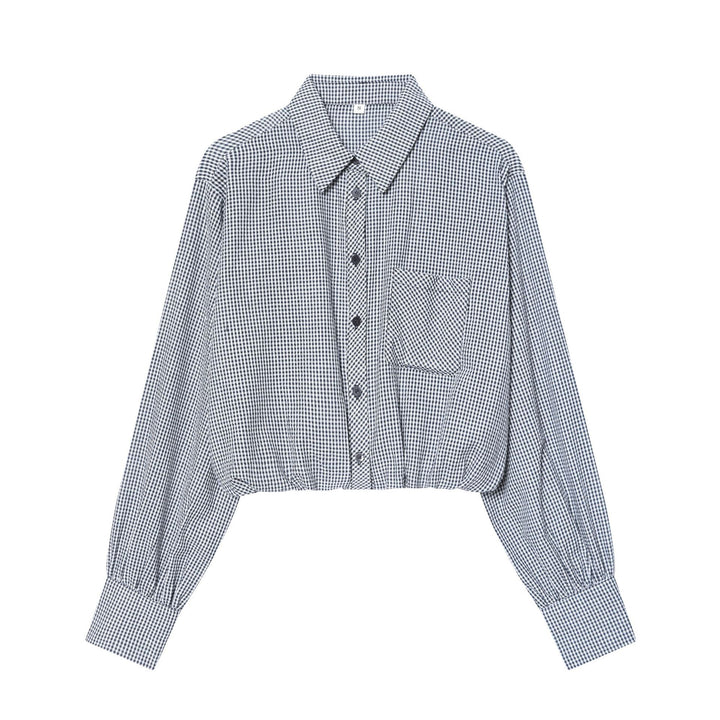 Damen nan karierte Cropped-Hemdbluse mit Brusttasche, breitem Manschettenärmel und elastischem Saum Drune