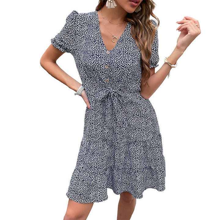 Damen Gestuftes Minikleid mit V-Ausschnitt, Knopfleiste und Kordel-Taille Drune