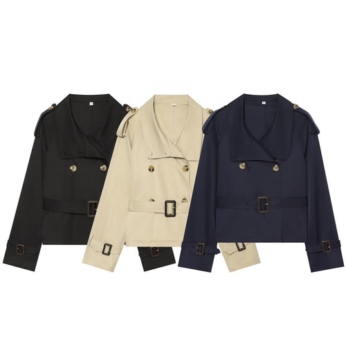 Damen Kurztrench im Boxy‑Stil mit doppelreihigem Verschluss, Schnallenärmeln und Taillengürtel Drune