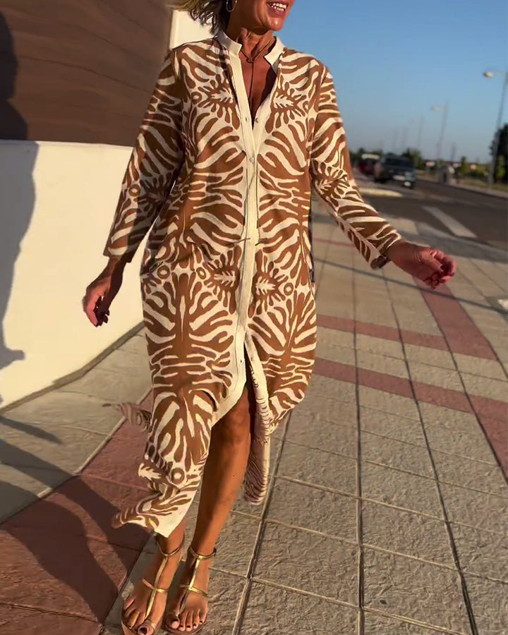 Damen nan langes Hemdblusenkleid mit Stehkragen, verdeckter Knopfleiste und seitlichem Schlitz Drune