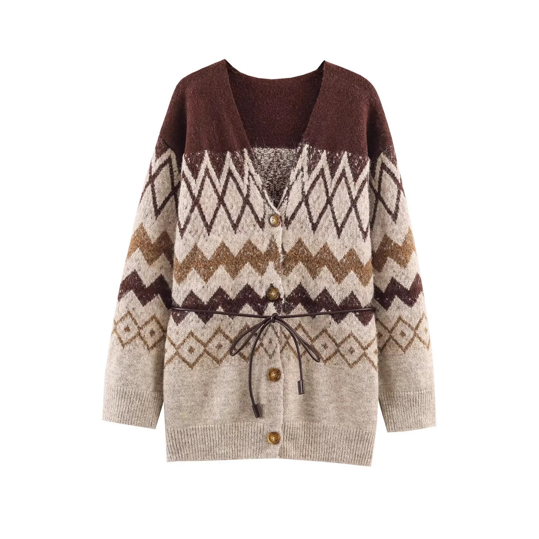 Damen Gemusterte Strickcardigan mit V-Ausschnitt, Knopfleiste und Taillenband Drune