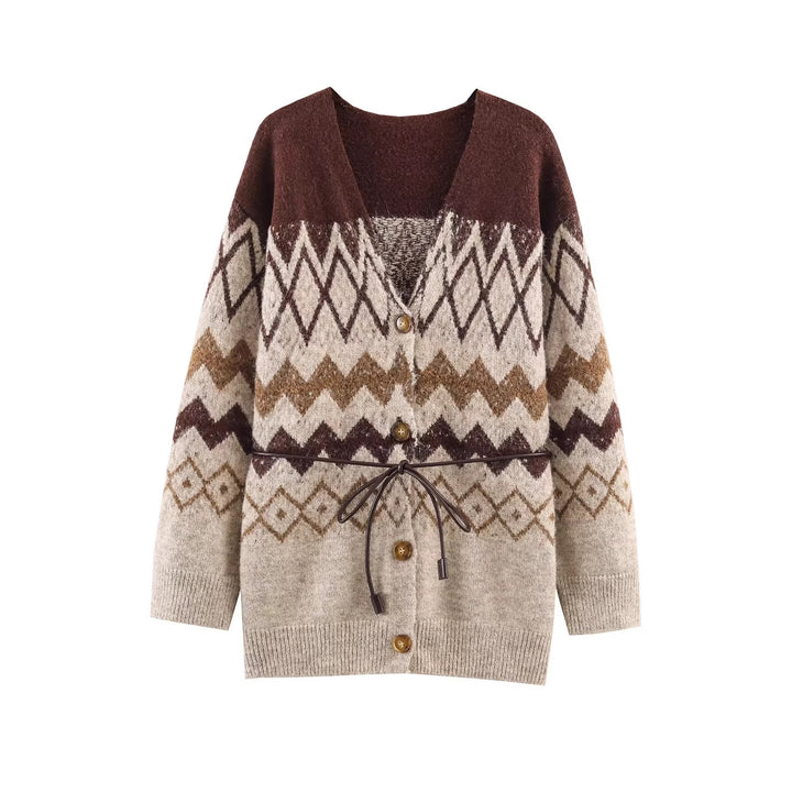 Damen Gemusterte Strickcardigan mit V-Ausschnitt, Knopfleiste und Taillenband Drune