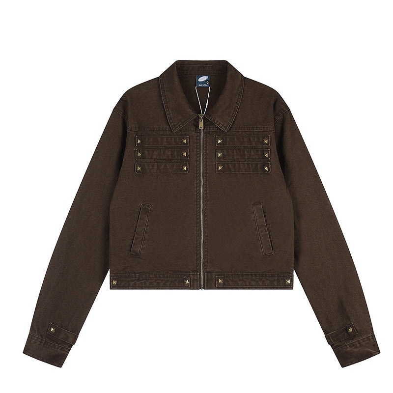 Damen Kurz geschnittene Canvas-Jacke mit Hemdkragen und Pyramidennieten Drune