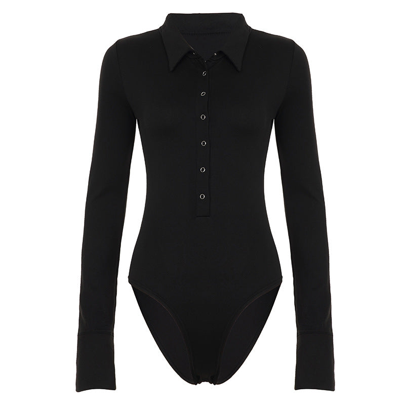 Damen Langarm-Bodysuit mit elegantem Kragen und durchgehender Knopfleiste Drune