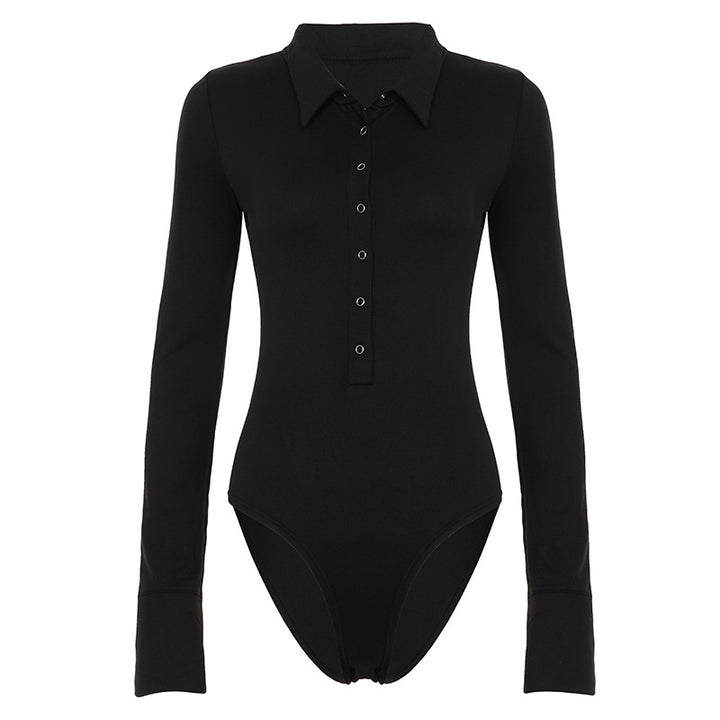 Damen Langarm-Bodysuit mit elegantem Kragen und durchgehender Knopfleiste Drune