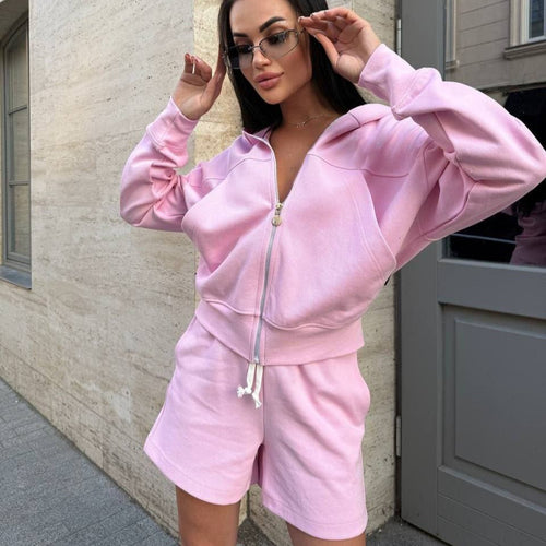 Damen Freizeit-Jogginganzug mit Zip-Hoodie und lockeren Shorts Drune
