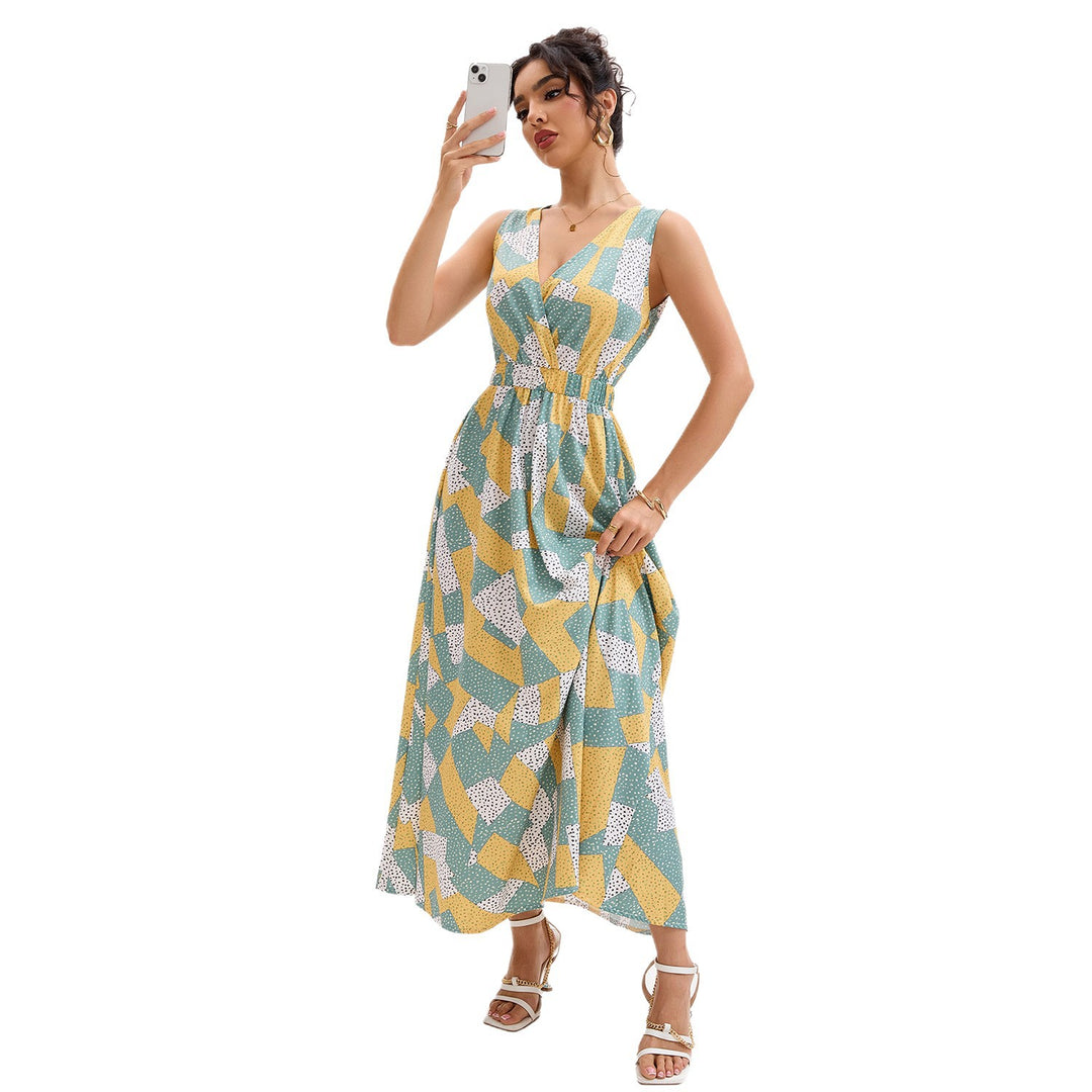 Damen Maxi-Kleid mit V-Ausschnitt und geometrischem Muster Drune
