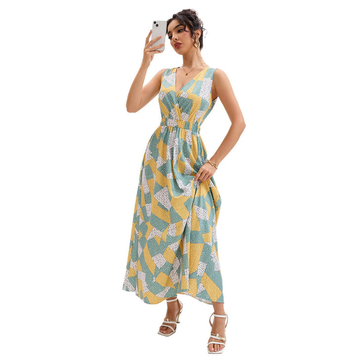 Damen Maxi-Kleid mit V-Ausschnitt und geometrischem Muster Drune