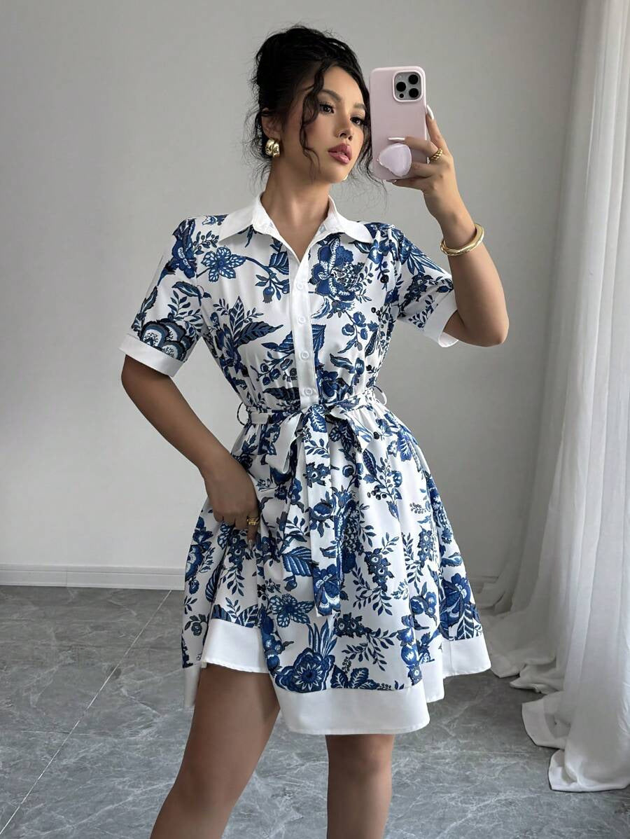 Damen Hemdblusenkleid mit floralem Muster und Taillengürtel Drune