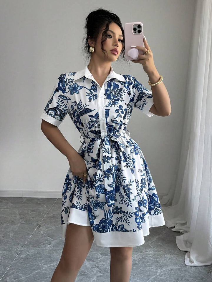 Damen Hemdblusenkleid mit floralem Muster und Taillengürtel Drune