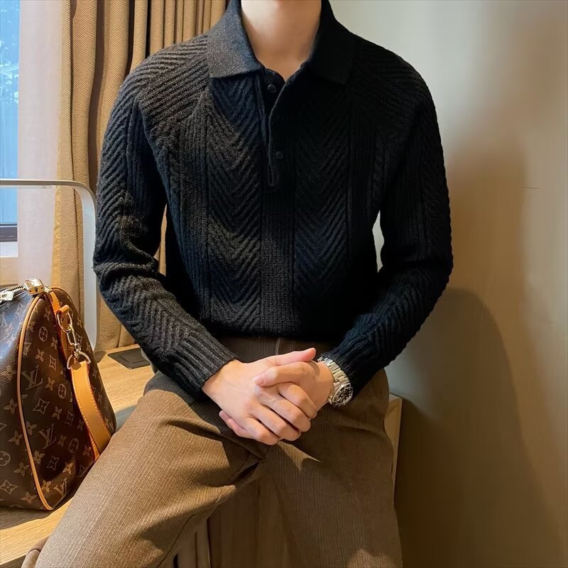 Herren Elegante Grobstrick Pullover mit Knopfleiste Drune