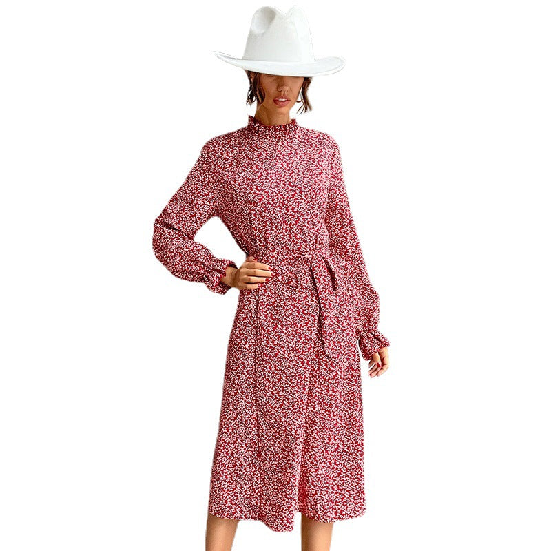 Damen Midikleid mit Stehkragen, Taillengürtel und Volantärmeln Drune