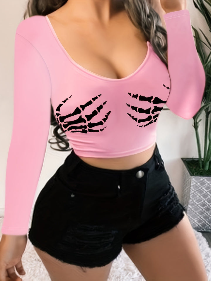 Damen Crop-Top mit Skelettdruck und langen Ärmeln Drune