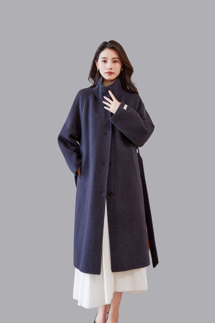 Damen Oversize Wollmantel mit Stehkragen und Taillengürtel Drune
