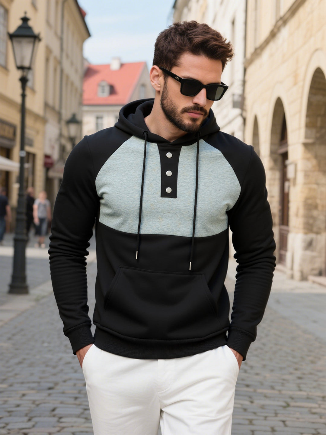 Herren modischer Hoodie mit Knopfleiste und farblich abgesetzten Ärmeln Drune