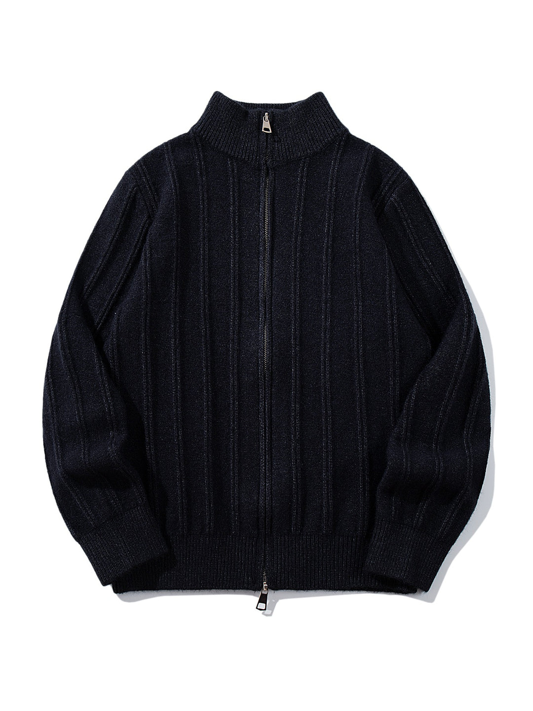 Unisex Geraffte Strick-Zipjacke mit hohem Stehkragen und vertikaler Struktur Drune