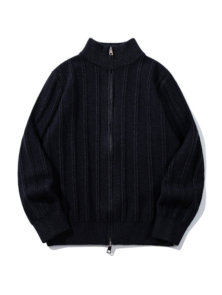 Unisex Geraffte Strick-Zipjacke mit hohem Stehkragen und vertikaler Struktur Drune