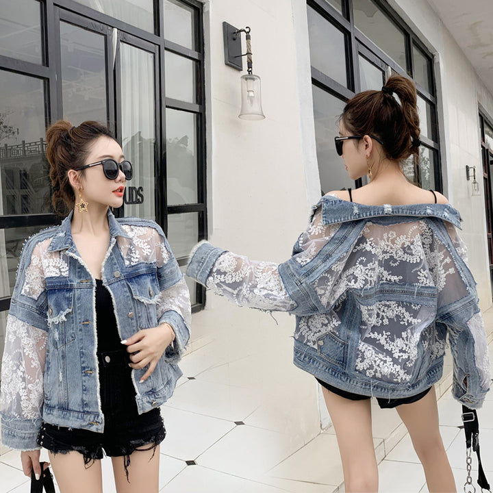 Damen Denimjacke mit transparenter Spitzenverzierung Drune