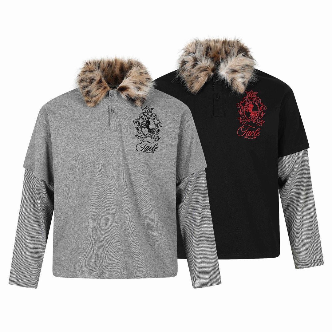 Damen Layered-Optik Langarm-Polo mit Kunstfellkragen und Wappenstickerei Drune